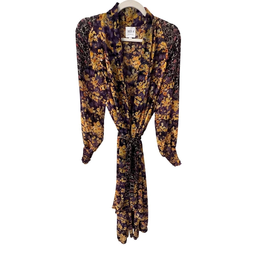 MISA Los Angeles Floral Wrap Dress Purple & Yellow. Smocked Cuff.  Medium. NWOT